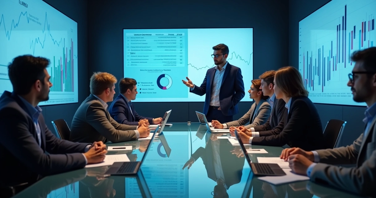 Sala de reunião moderna com sócios e investidores, gráficos de avaliação e clima formal 