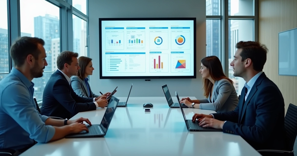 Reunião de negócios com gestores usando notebooks e gráficos em uma sala moderna 