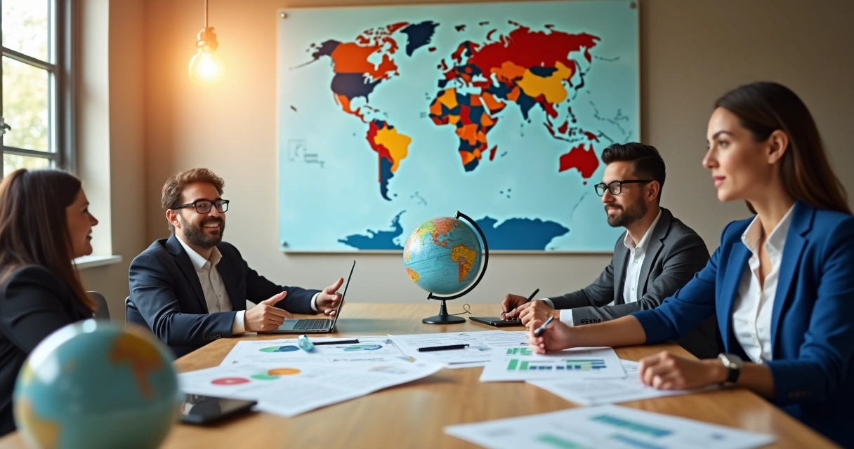 Sala de reunião com empresários analisando documentos de empresas internacionais 