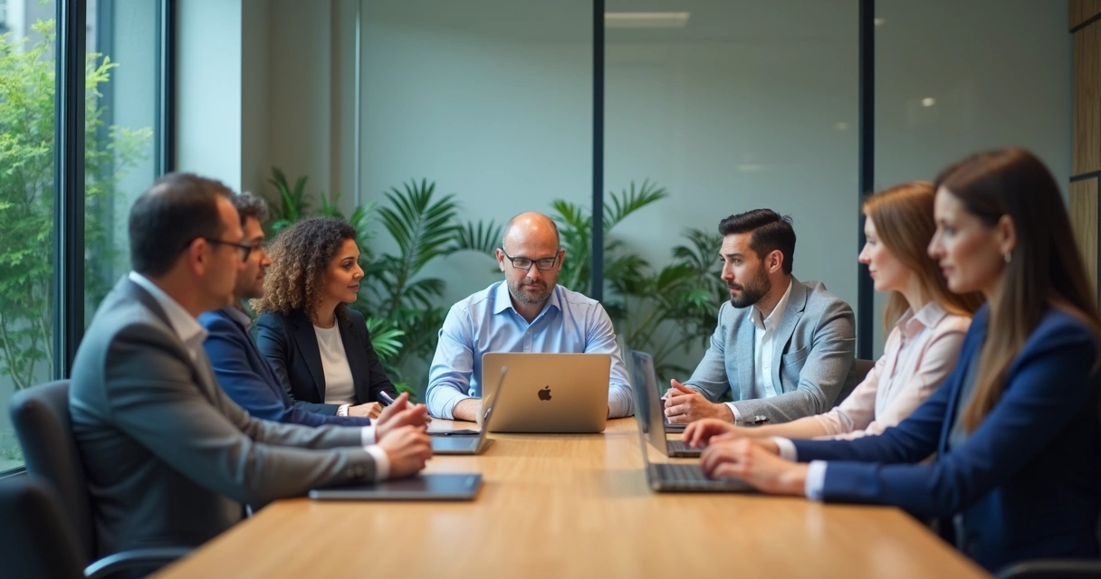 Sala de reunião moderna com poucas pessoas concentradas à mesa. 