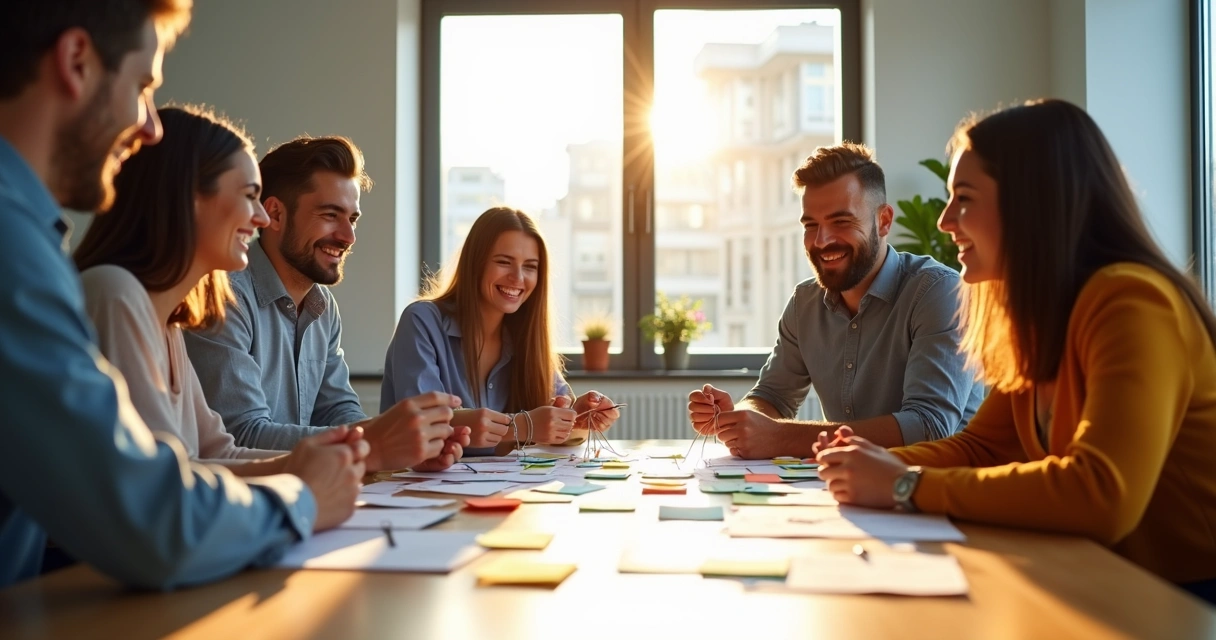 Pessoas em reunião sorrindo e trocando ideias ao redor de uma mesa 