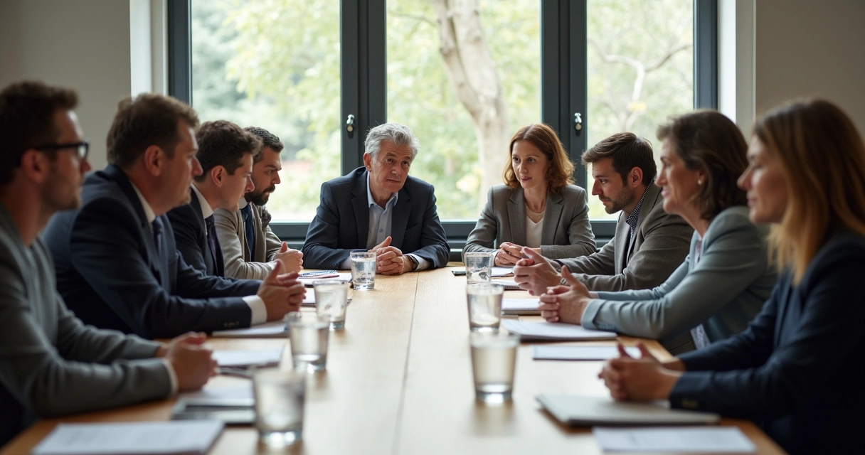 Reunião de pessoas em sala discutindo assunto importante 