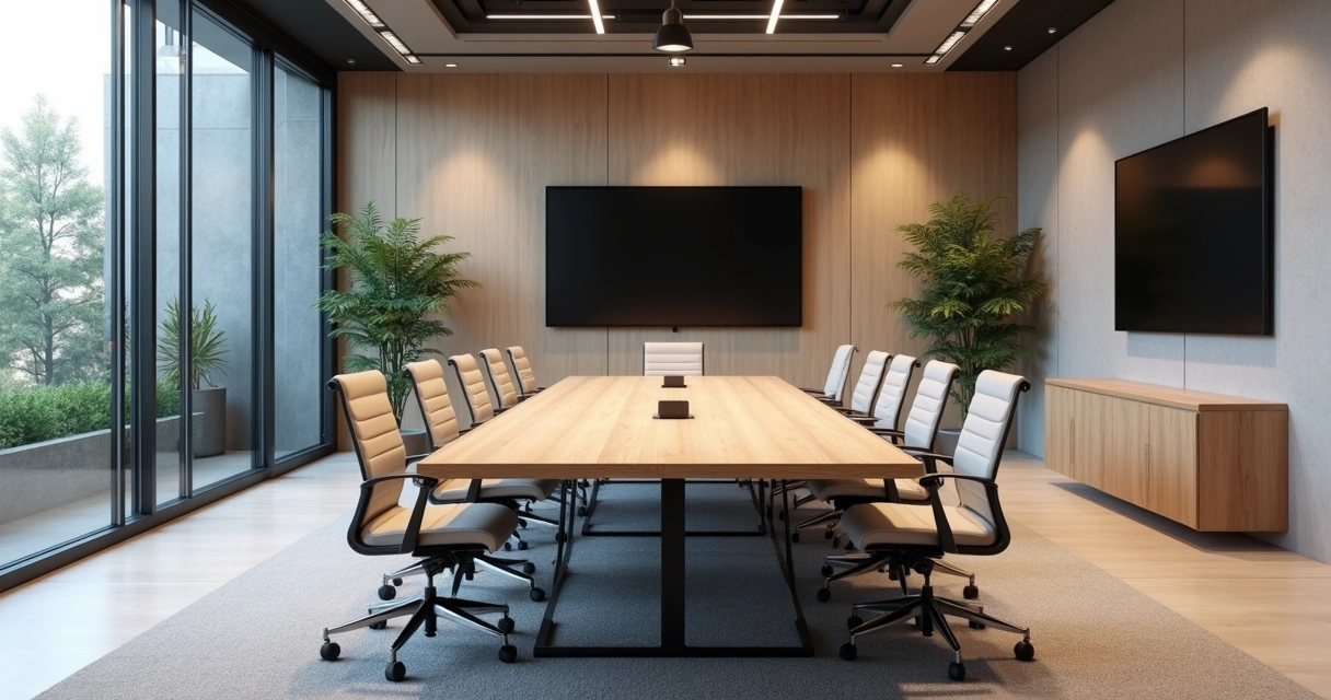 Sala de reunião planejada com mesa grande, cadeiras confortáveis e iluminação moderna 