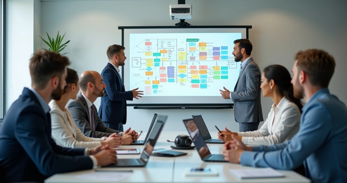 Time de tecnologia e negócios em reunião, discutindo um quadro branco com fluxograma colorido de MLOps. Visual moderno, notebooks, tablet, anotações e gráficos. 