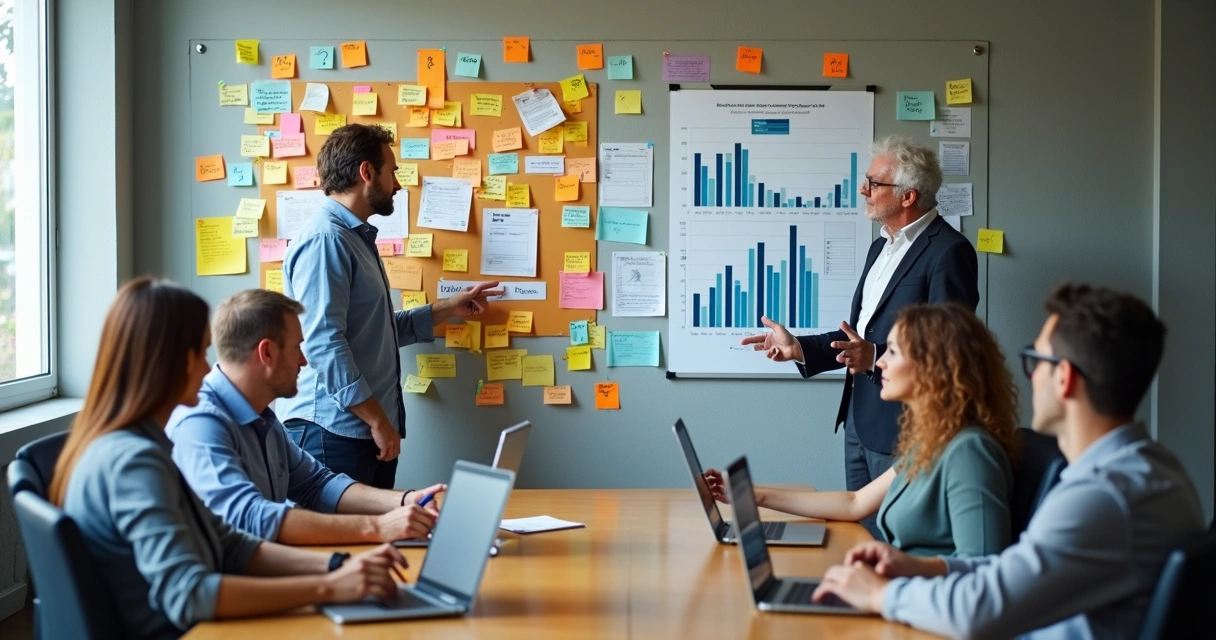 Time de PME em sala de reunião comparando mural caótico com mural organizado por dados 