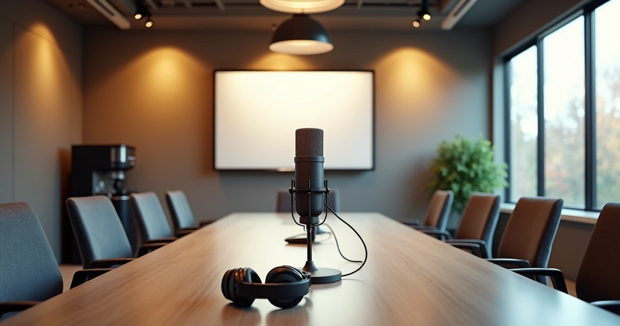 Sala de reunião de coworking equipada para podcasts e gravações 