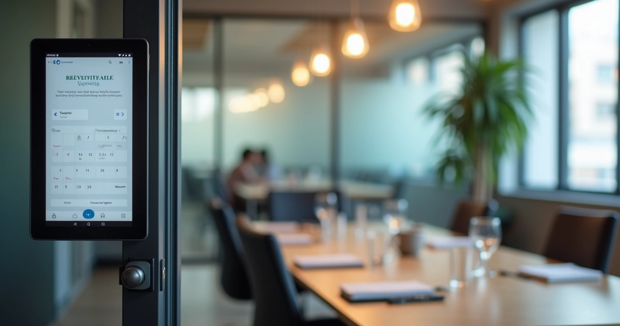 Sala de reunião de coworking com divisória de vidro e agenda de reserva 