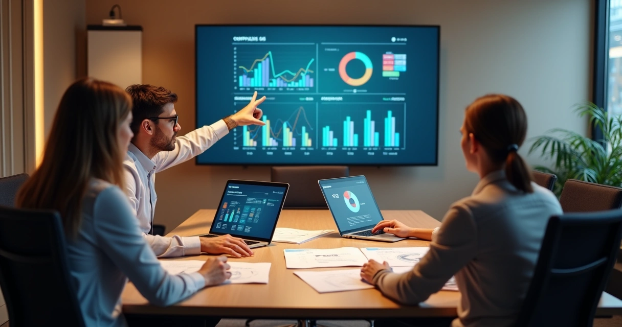 Equipe de RH analisando dados de contratação em uma sala de reunião 