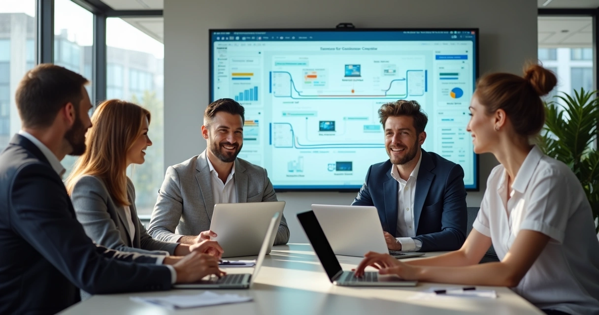 Equipe de RH reunida usando computadores em uma sala moderna 