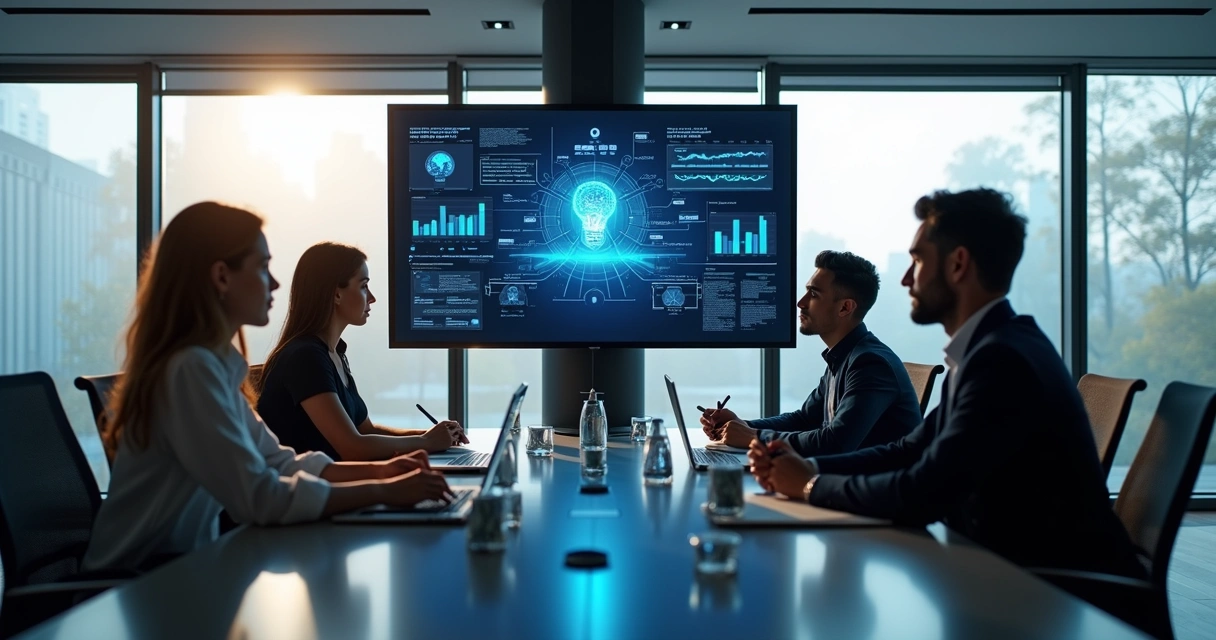 Equipe de RH trabalhando em uma sala moderna com telas mostrando gráficos de IA 