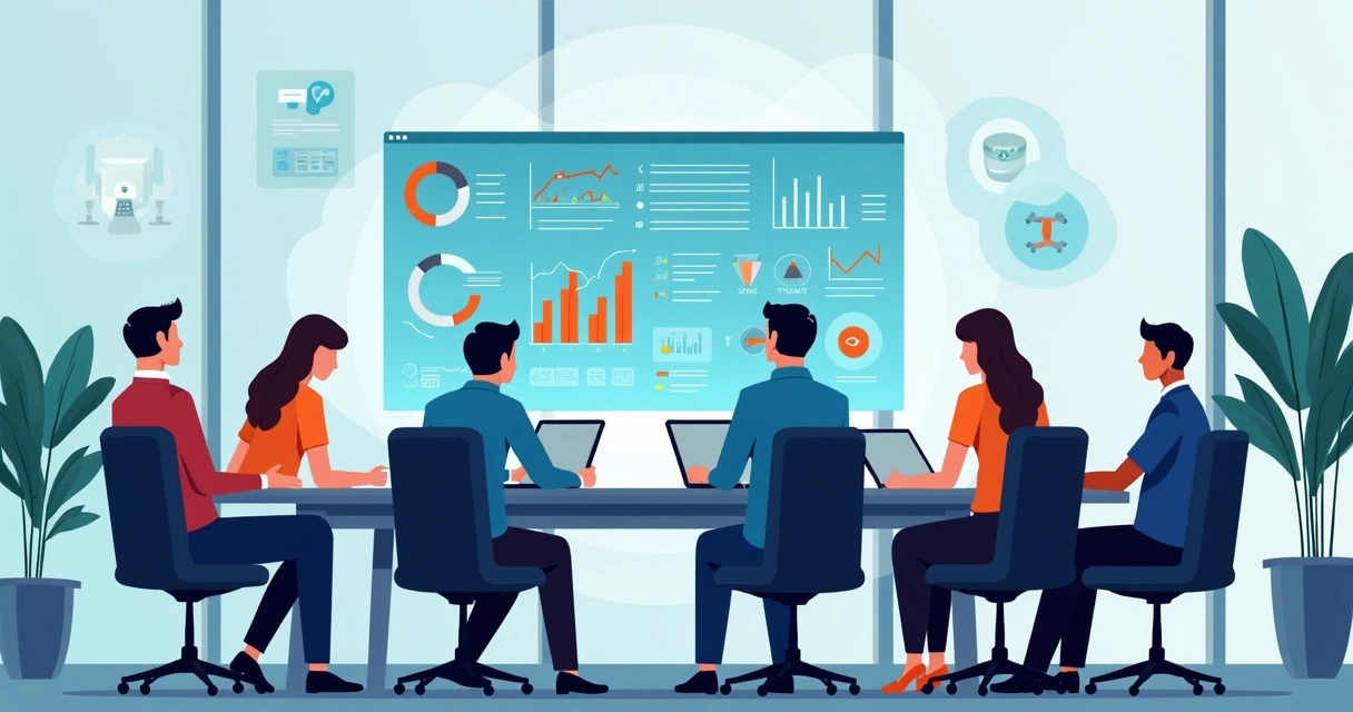 Equipe de vendas em reunião destacando uso de painel digital IA. 