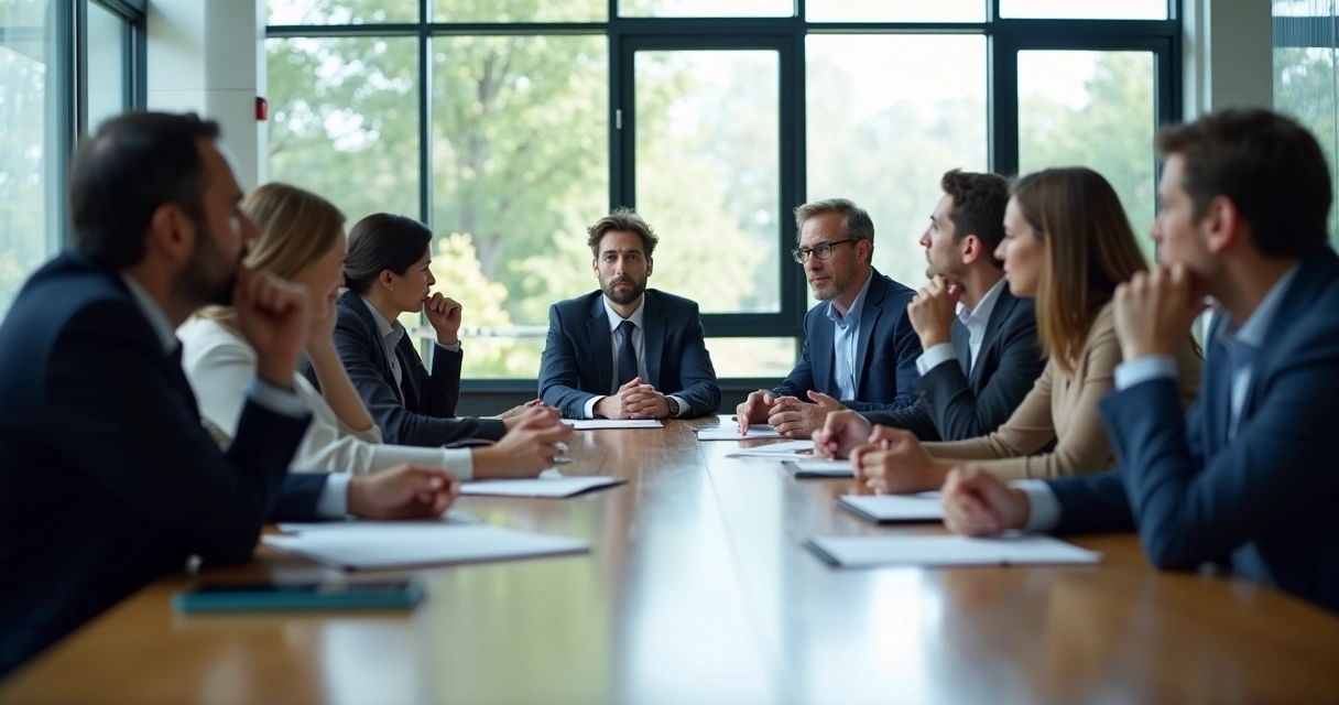 Grupo de pessoas em silêncio refletindo durante reunião