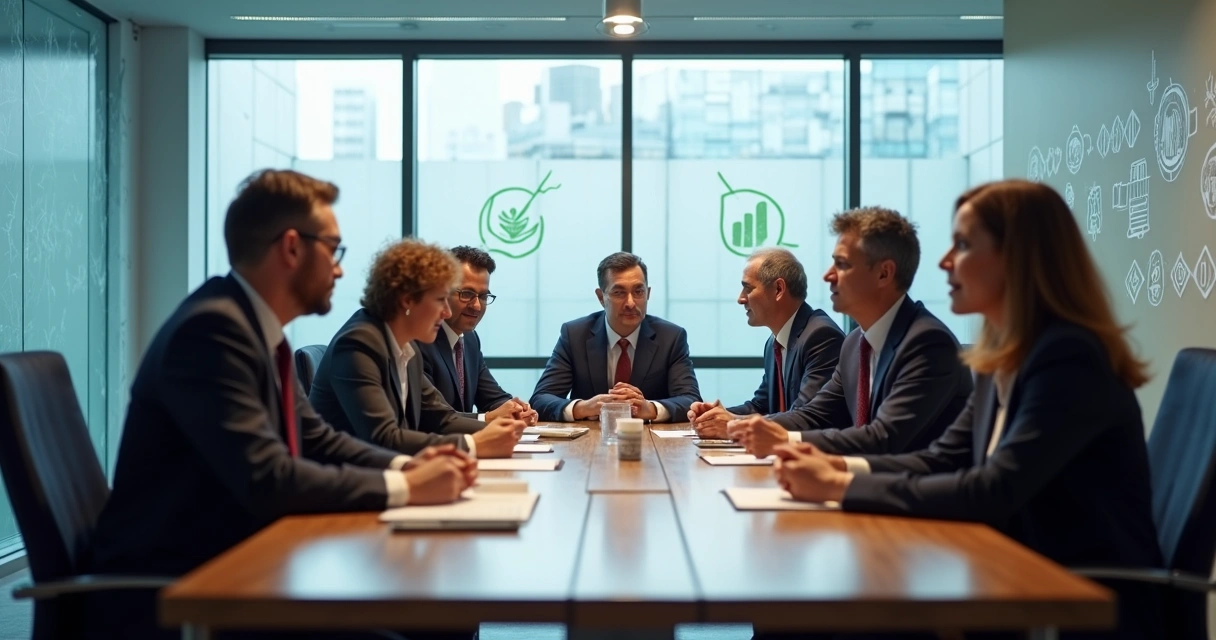 Executivos em uma sala de reunião, símbolos organizacionais nas paredes 