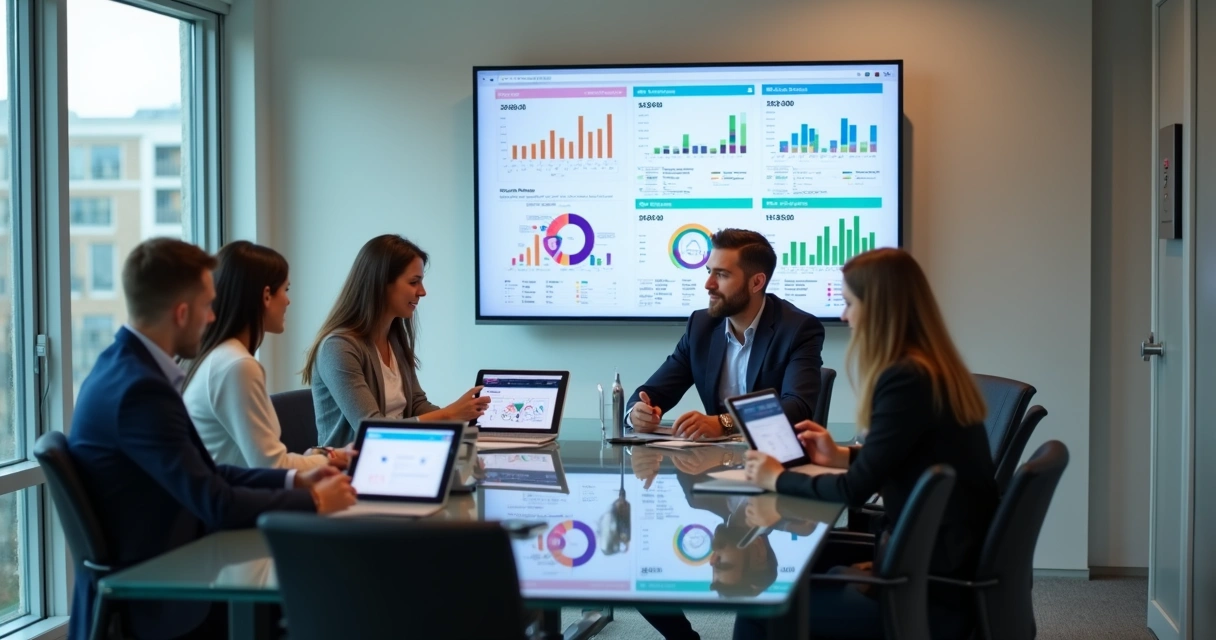 Gestores de condomínio em sala de reunião com tablets e telas digitais mostrando gráficos tecnológicos 