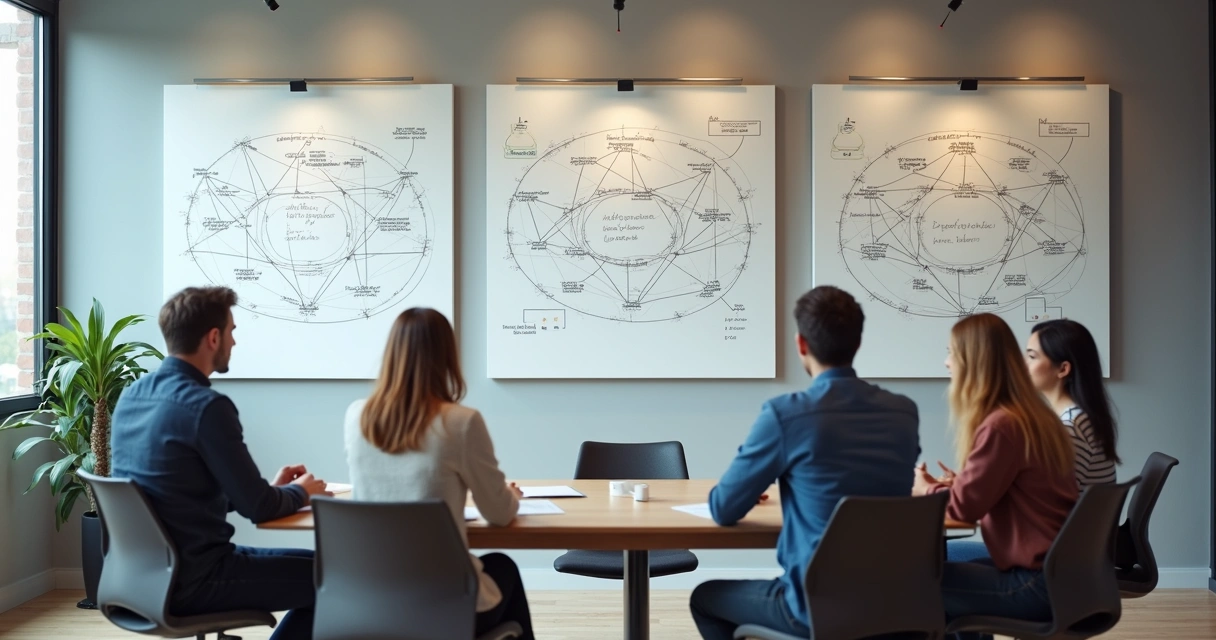 Equipe em sala de reunião olhando quadros com conexões entre pessoas 