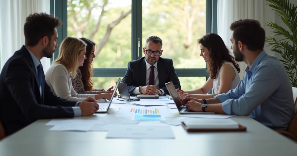 Reunião entre herdeiros e advogado analisando documentos de espólio