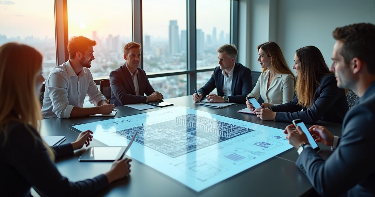 Reunião de equipe discutindo gestão de condomínios com tablets e gráficos digitais na mesa 
