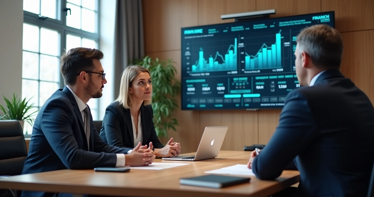 Equipe de escritório de advocacia pequeno discutindo informações financeiras em tela digital 