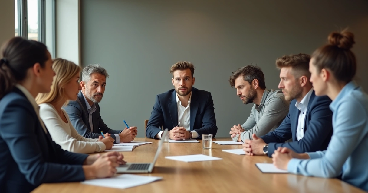 Grupo de pessoas sentadas ao redor de mesa grande em reunião, expressando tensão com gestos de mãos e olhares 