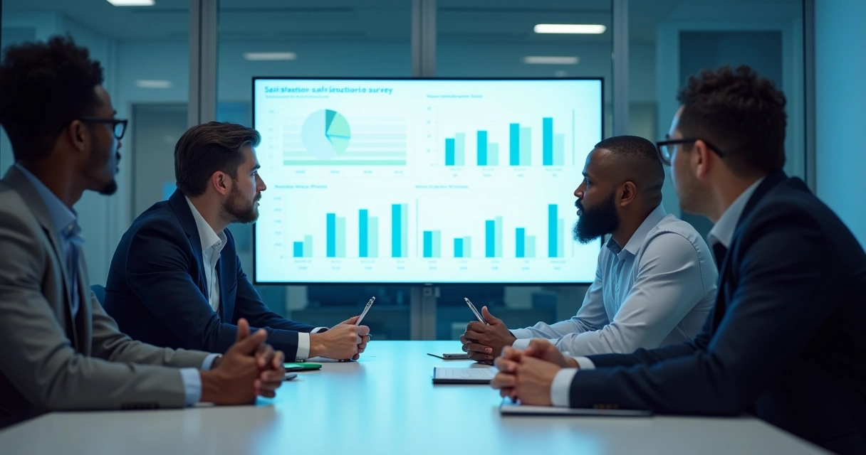 Equipe em sala de reunião analisando gráficos de satisfação em uma tela 