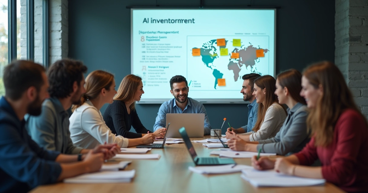 Equipe reunida discutindo IA para estoque 