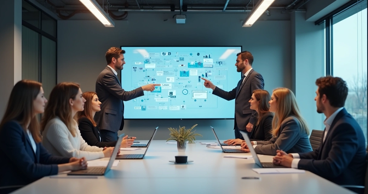Equipe em sala de reunião planejando implantação de IA de forma estratégica 