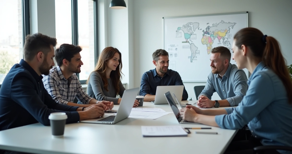 Equipe reunida em sala de reunião discutindo transição técnica 