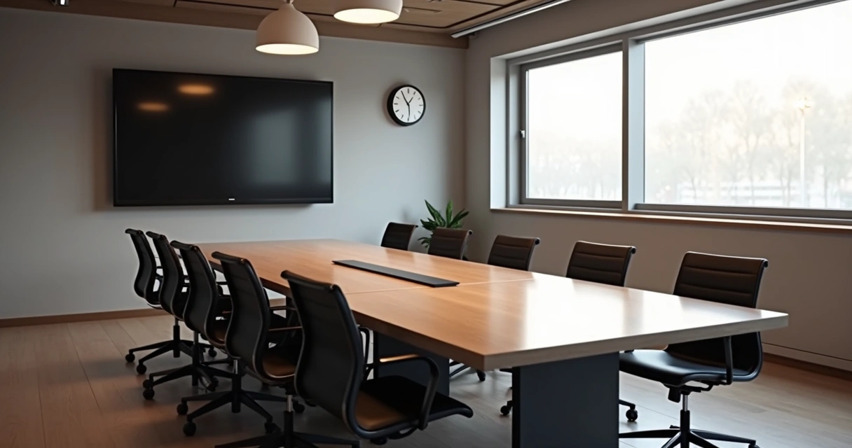 Sala de reunião vazia com cadeiras organizadas.