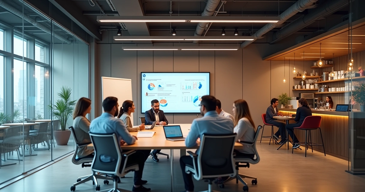 Ambiente comparando mesa de reunião moderna com cafeteria movimentada ao fundo 