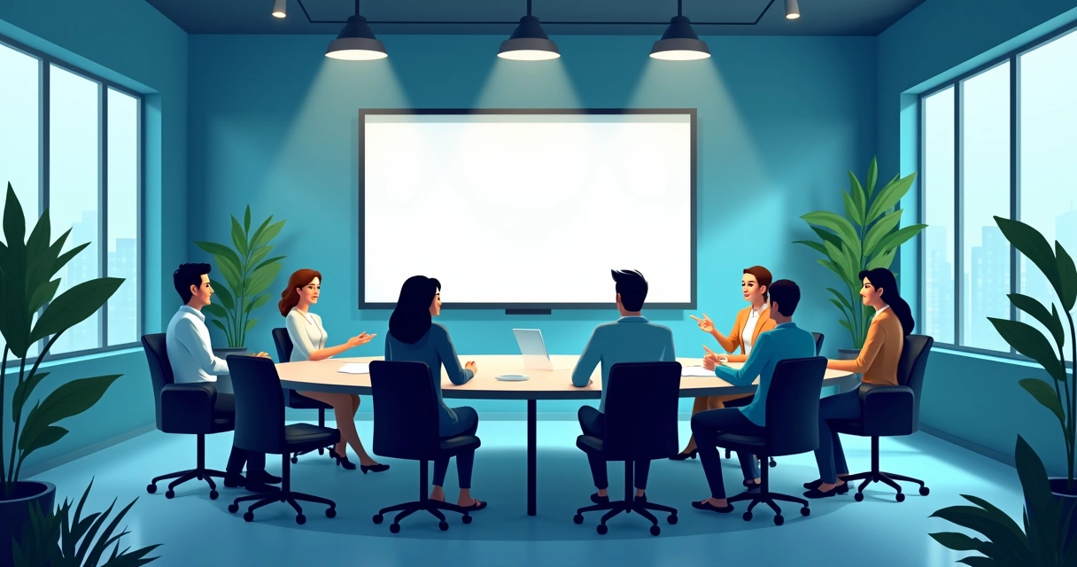 Profissionais em uma sala de reuniões discutindo estratégia de inteligência artificial; ambiente moderno e colaborativo.