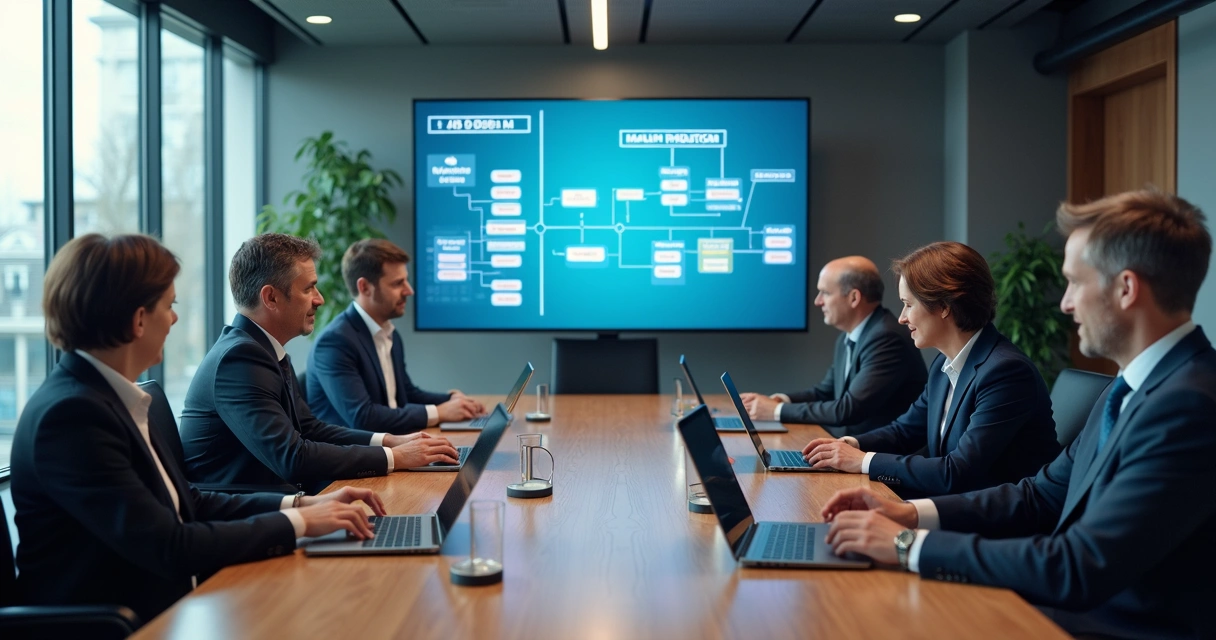 Sala de reuniões com políticos e assessores usando computadores e tablets