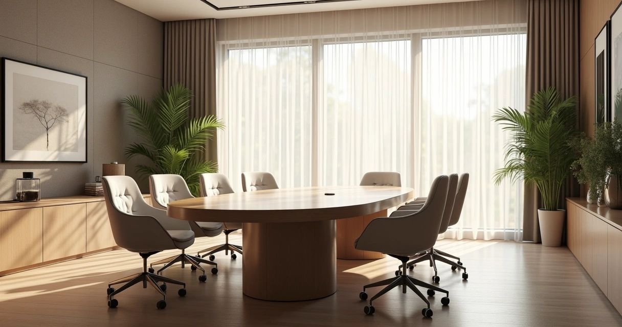 Sala de reuniones moderna con ambiente armonioso y detalles que transmiten paz. 