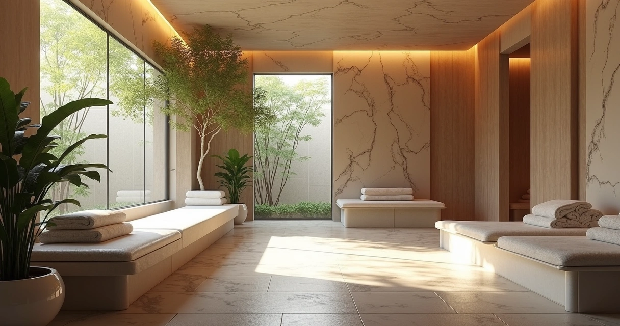 Área de spa com sala reservada para ritual de banho a vapor e luz natural filtrando pelas folhas