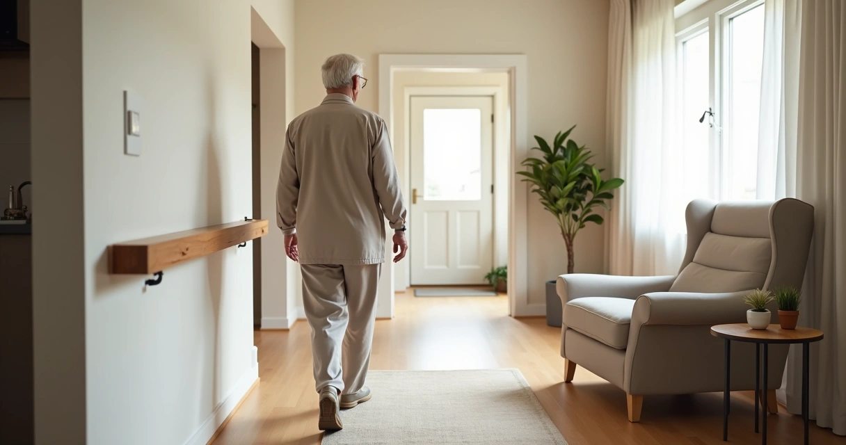 Sala moderna adaptada com idoso caminhando apoiado em corrimão e tapete antiderrapante 
