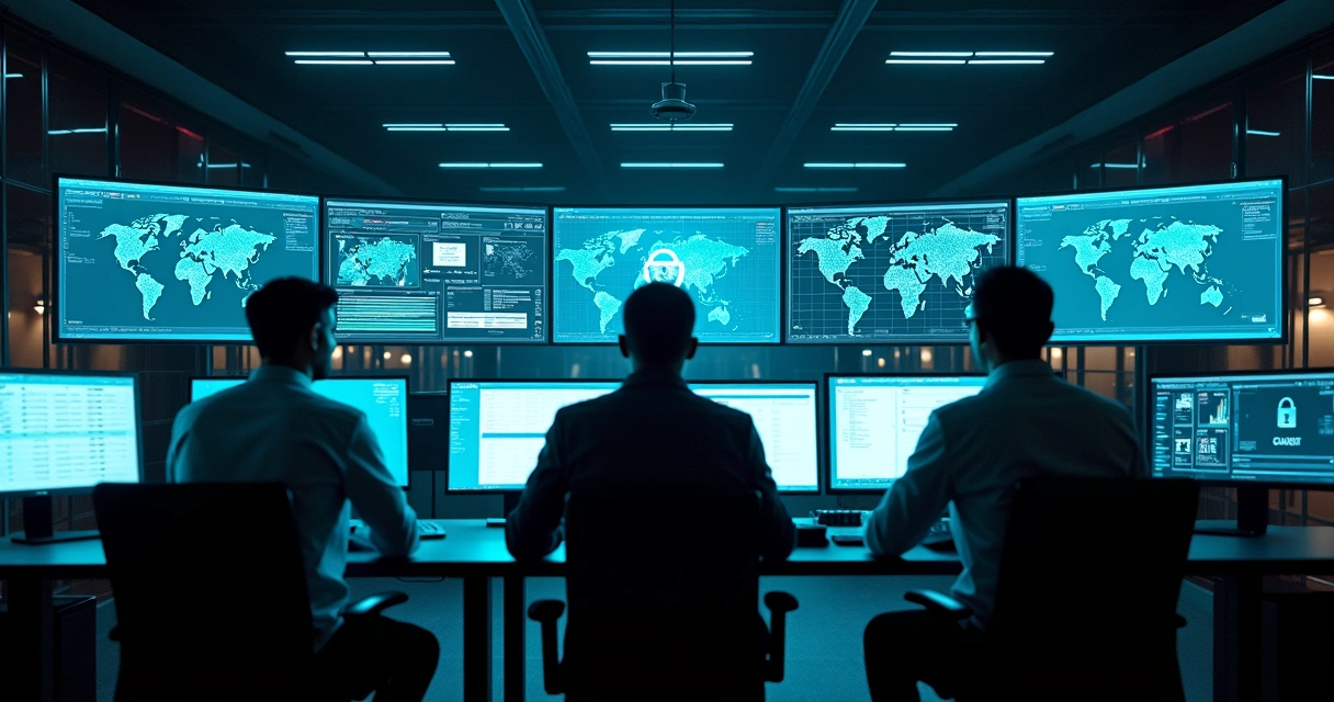 Equipe de TI observando monitores de segurança digital 
