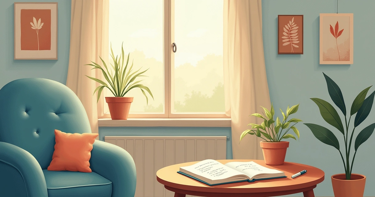 Ilustração de uma sala serena com uma cadeira confortável, um diário aberto e luz solar suave.