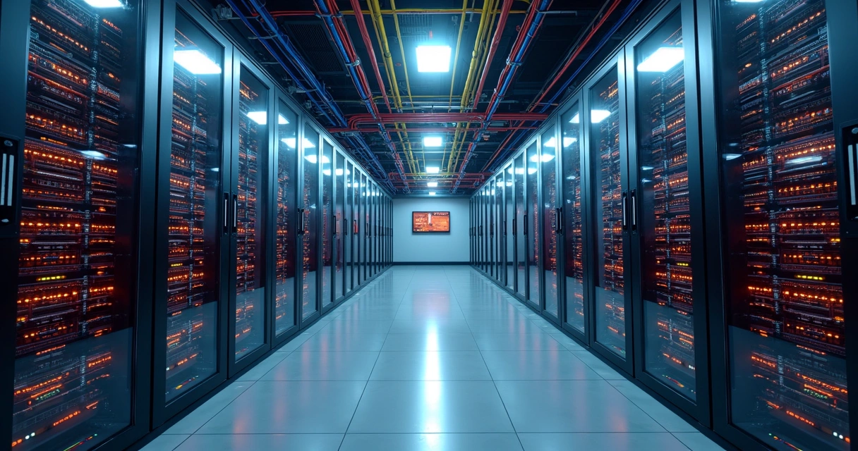 Sala com racks de servidores e cabos coloridos organizados