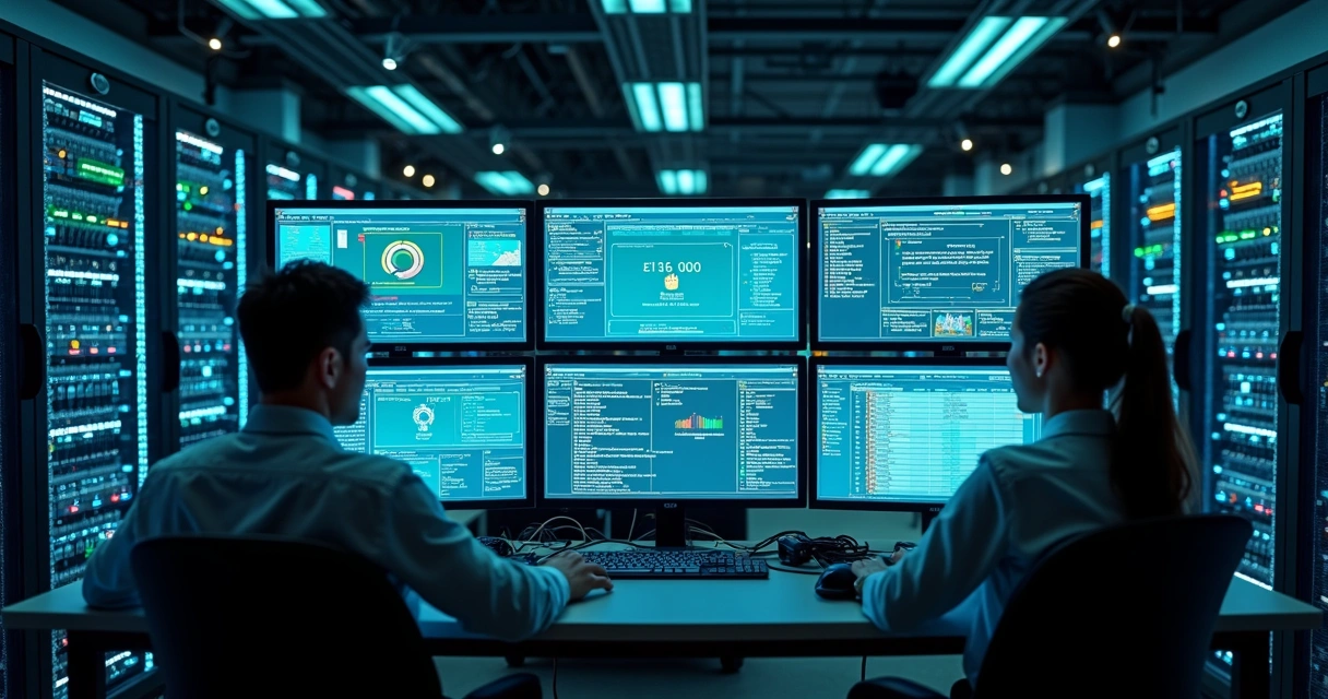 Equipe gerenciando painéis de backup em sala de servidores 