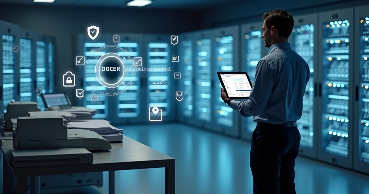 Profissional conferindo servidores em sala de armazenamento digital segura 