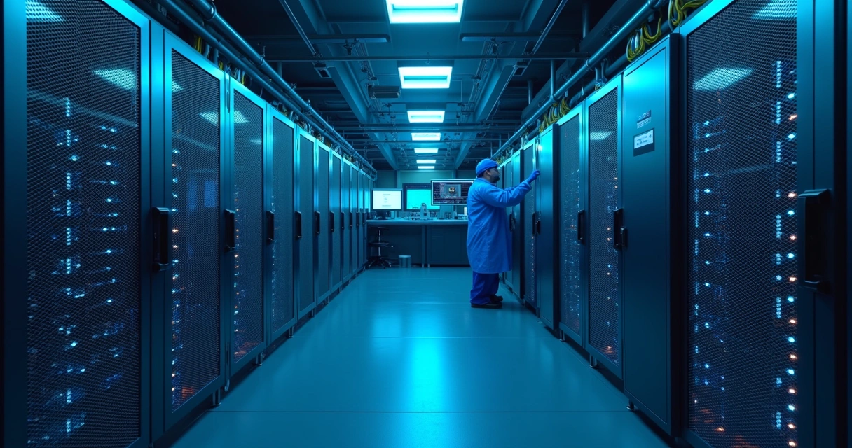 Sala de servidores hospitalares iluminados com luz azul e cabos conectados 