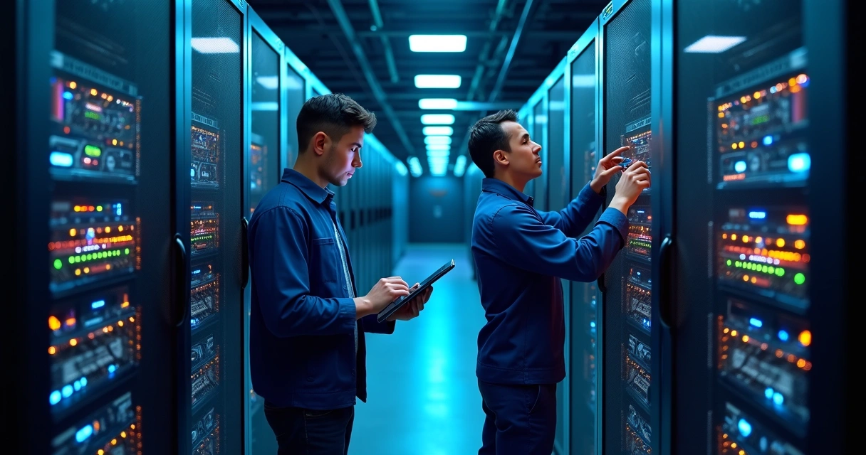 Técnicos de TI trabalhando em sala de servidores 