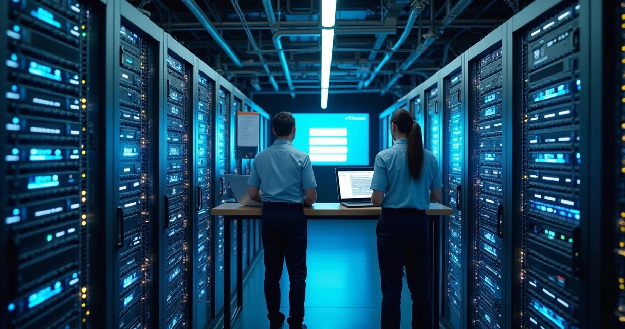 Ambiente com servidores e técnicos instalando atualizações