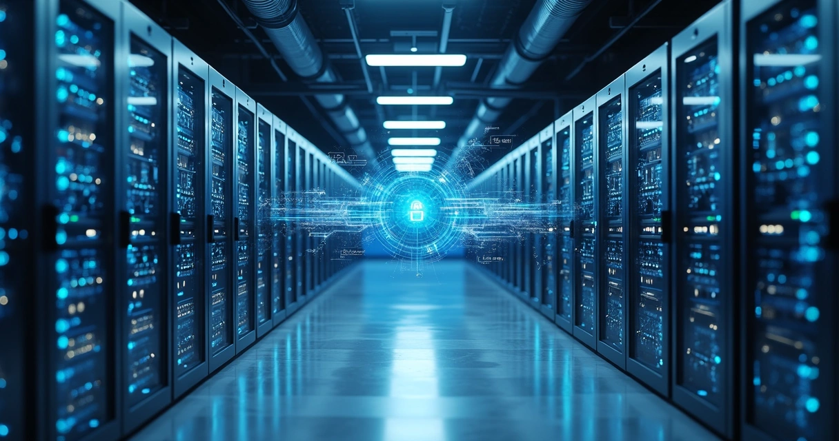 Sala de servidores moderna com unidades de armazenamento NAS em destaque na lateral 