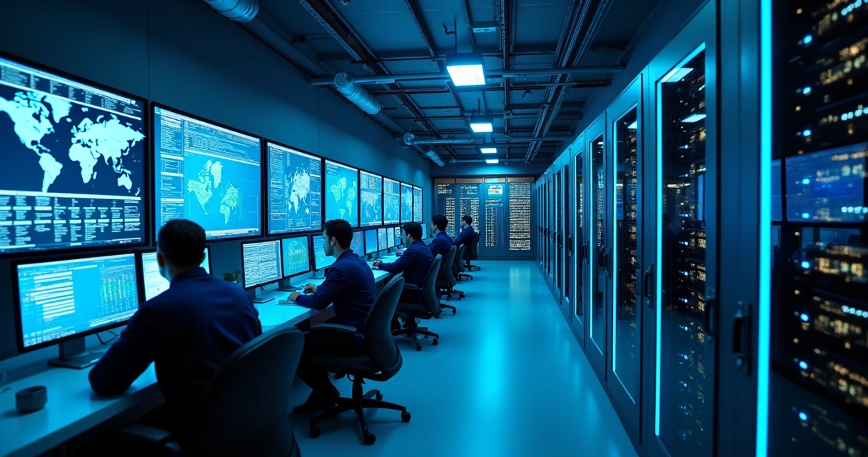 Sala de servidores com técnicos monitorando vários painéis digitais 