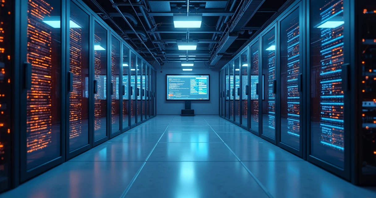 Sala de servidores com luzes led azul e laranja, racks alinhados e ambiente limpo 