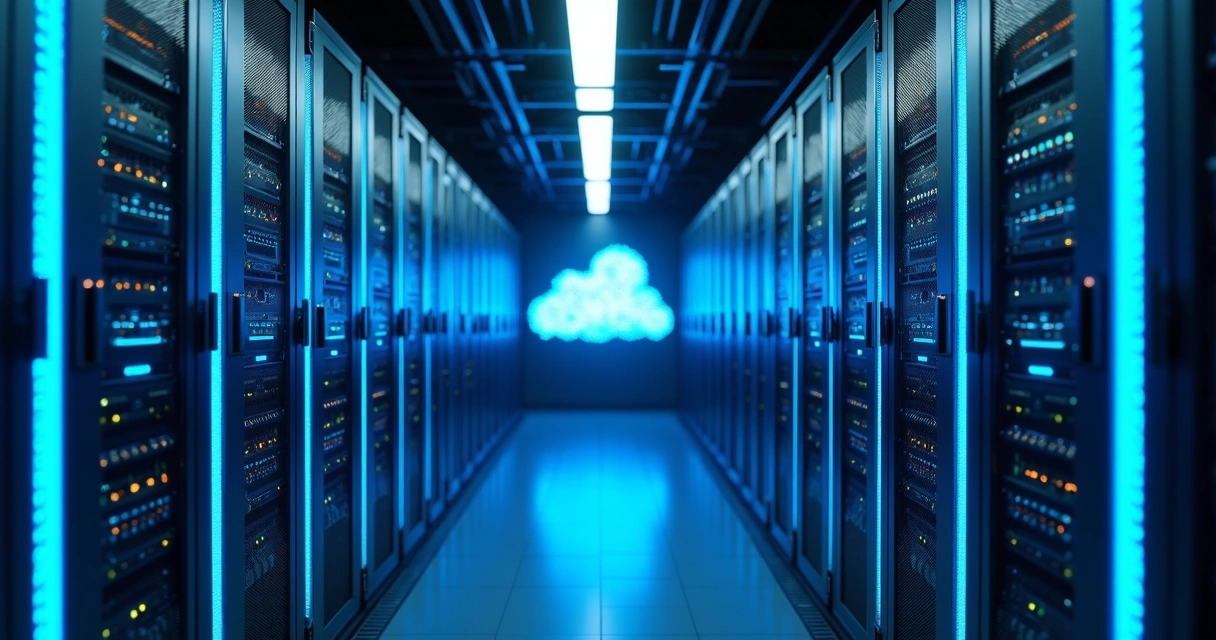 Sala moderna de servidores em nuvem com luzes azuis. 