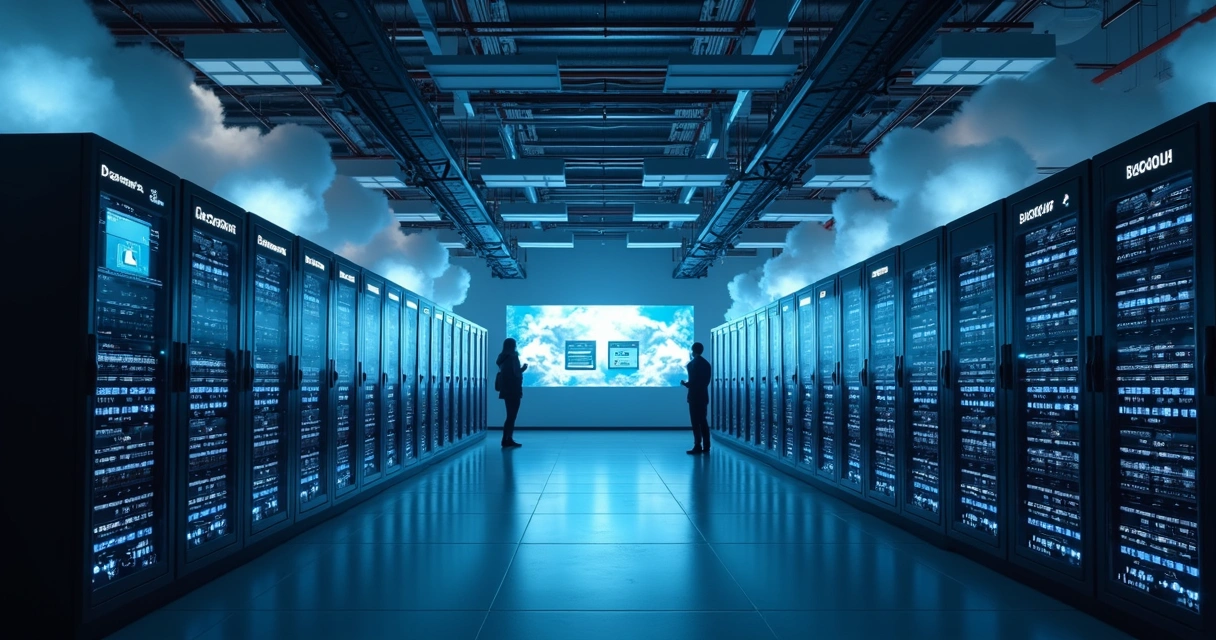 Sala de servidores com equipamentos de backup em nuvem 
