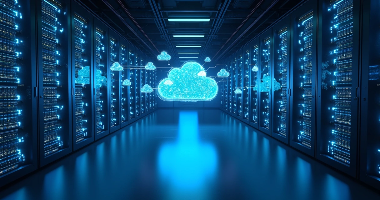 Servidores alinhados em data center com nuvem digital 