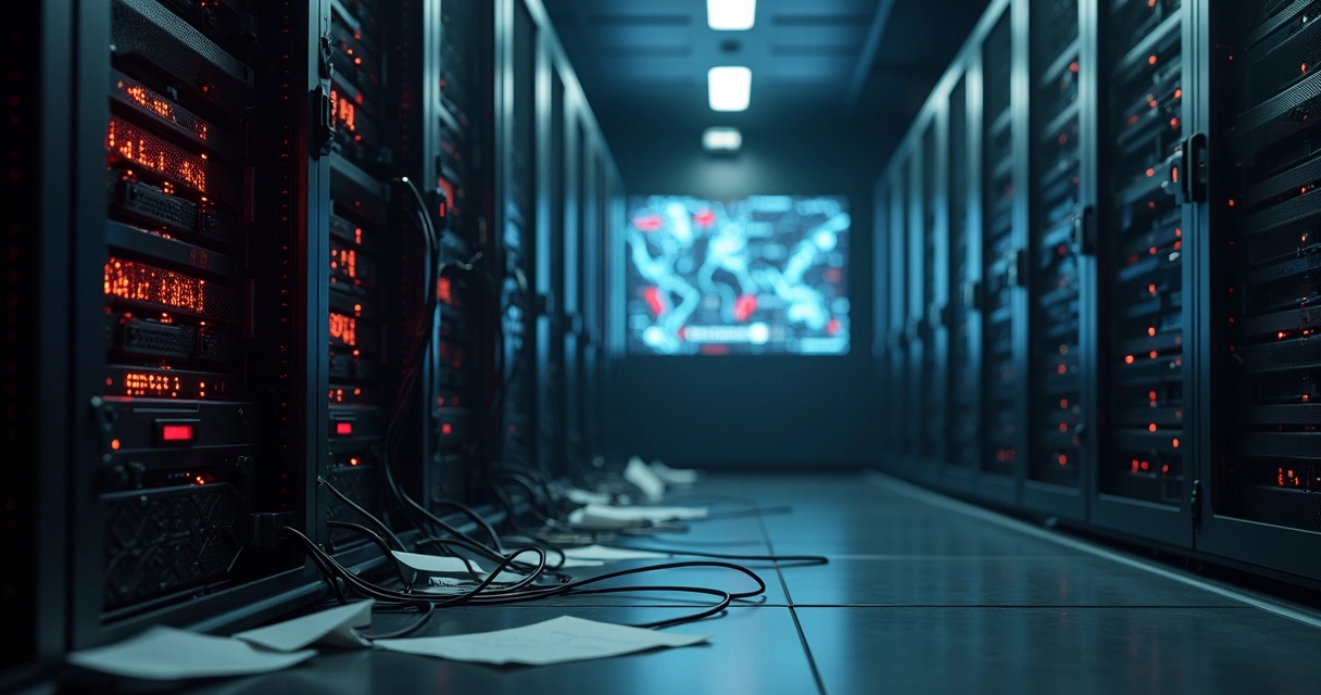 Servidor de dados e fios soltos após invasão digital 