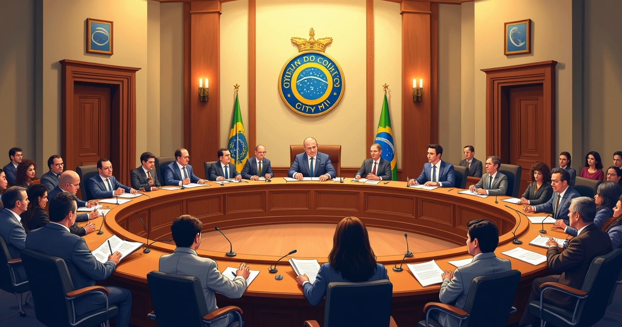 Plenário de uma Câmara Municipal durante uma sessão ordinária, vereadores sentados, bandeiras ao fundo 